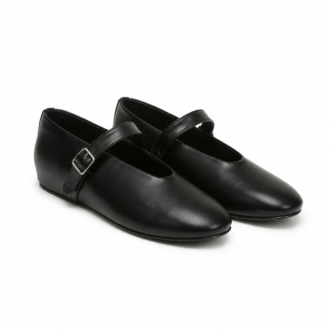 Deep Black Women's Round-Toe Leather Buckle Flats