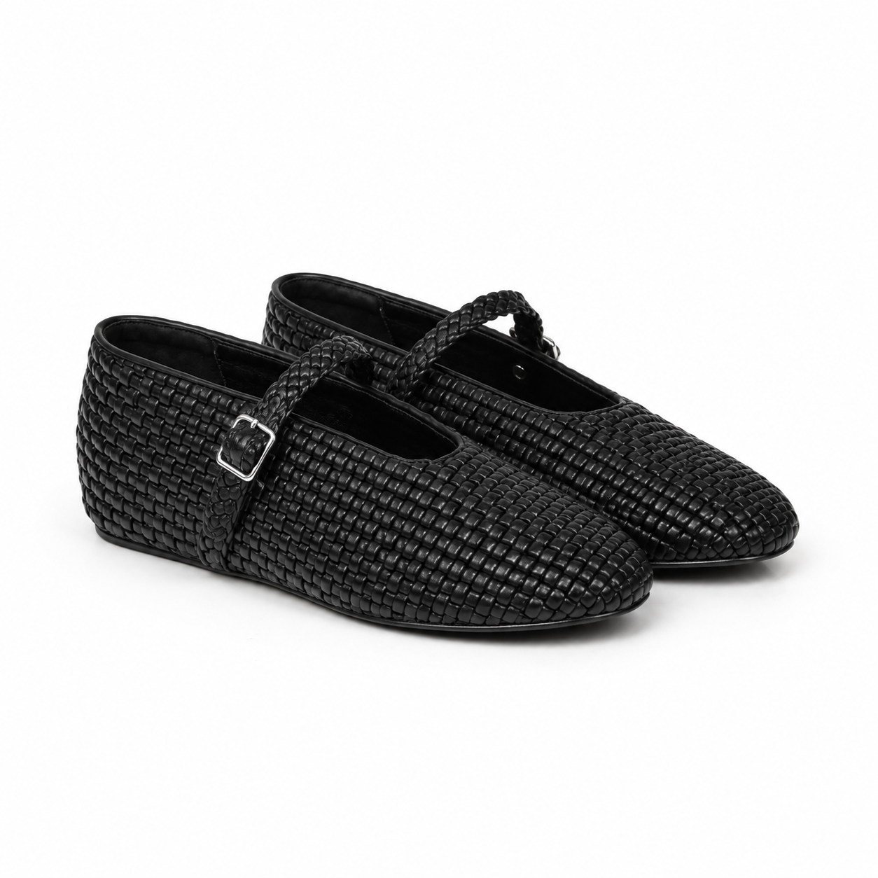 Black Knit Women's Round-Toe Leather Buckle Flats