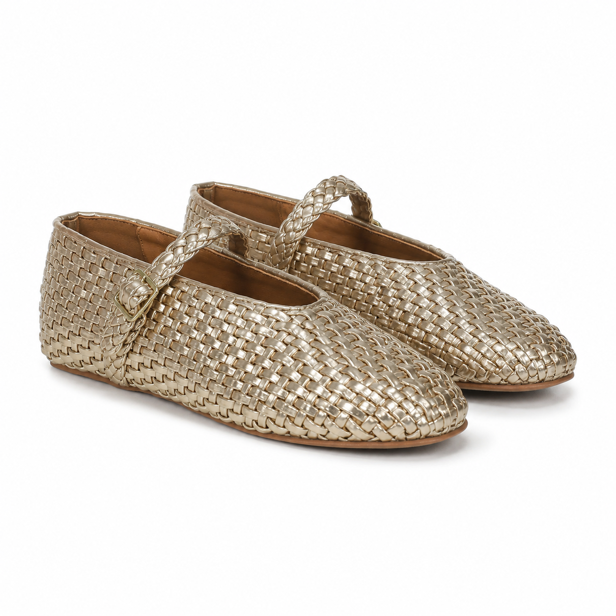 Gold Knit Women's Round-Toe Leather Buckle Flats