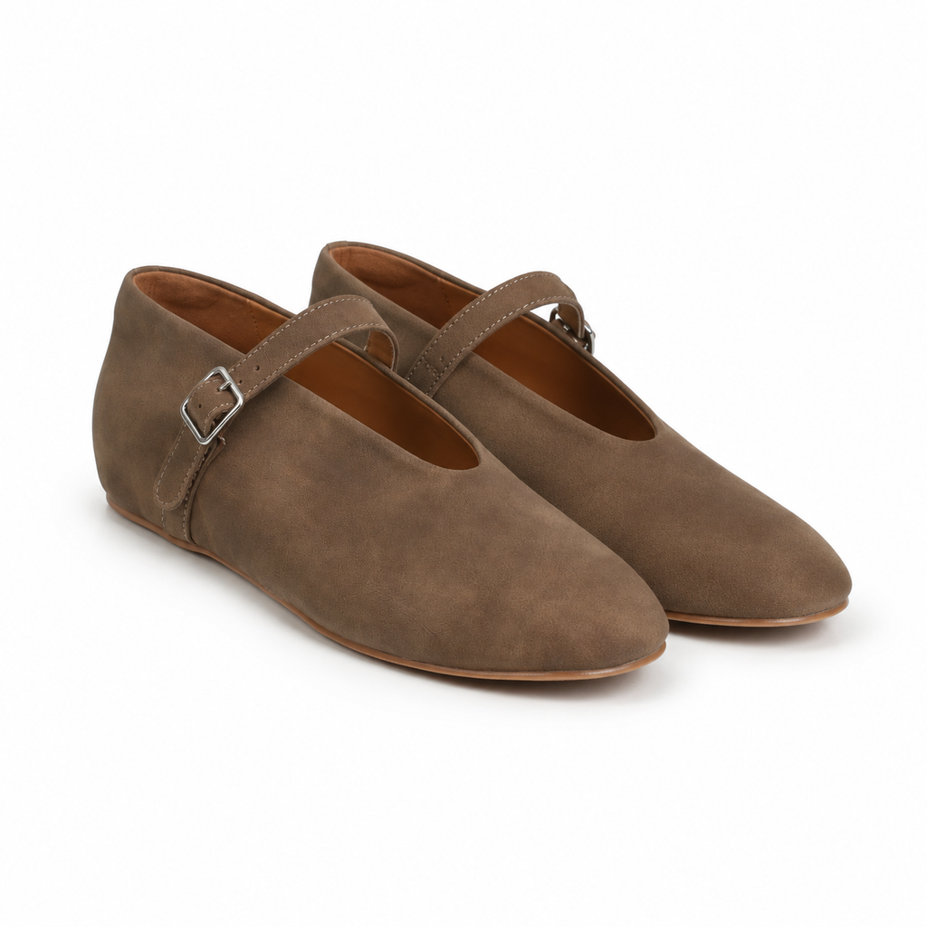 Rich Brown Women's Round-Toe Leather Buckle Flats