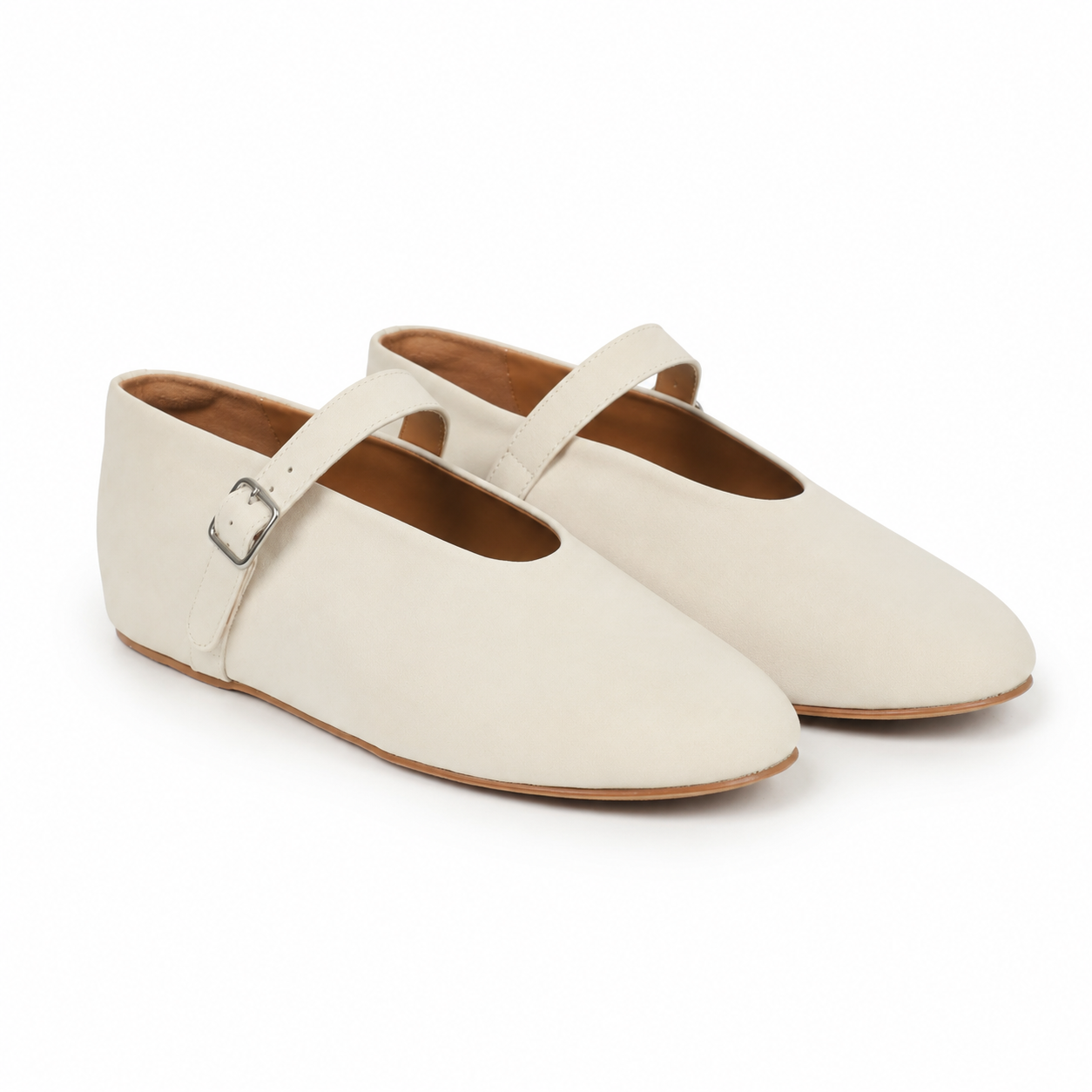 Warm Beige Women's Round-Toe Leather Buckle Flats