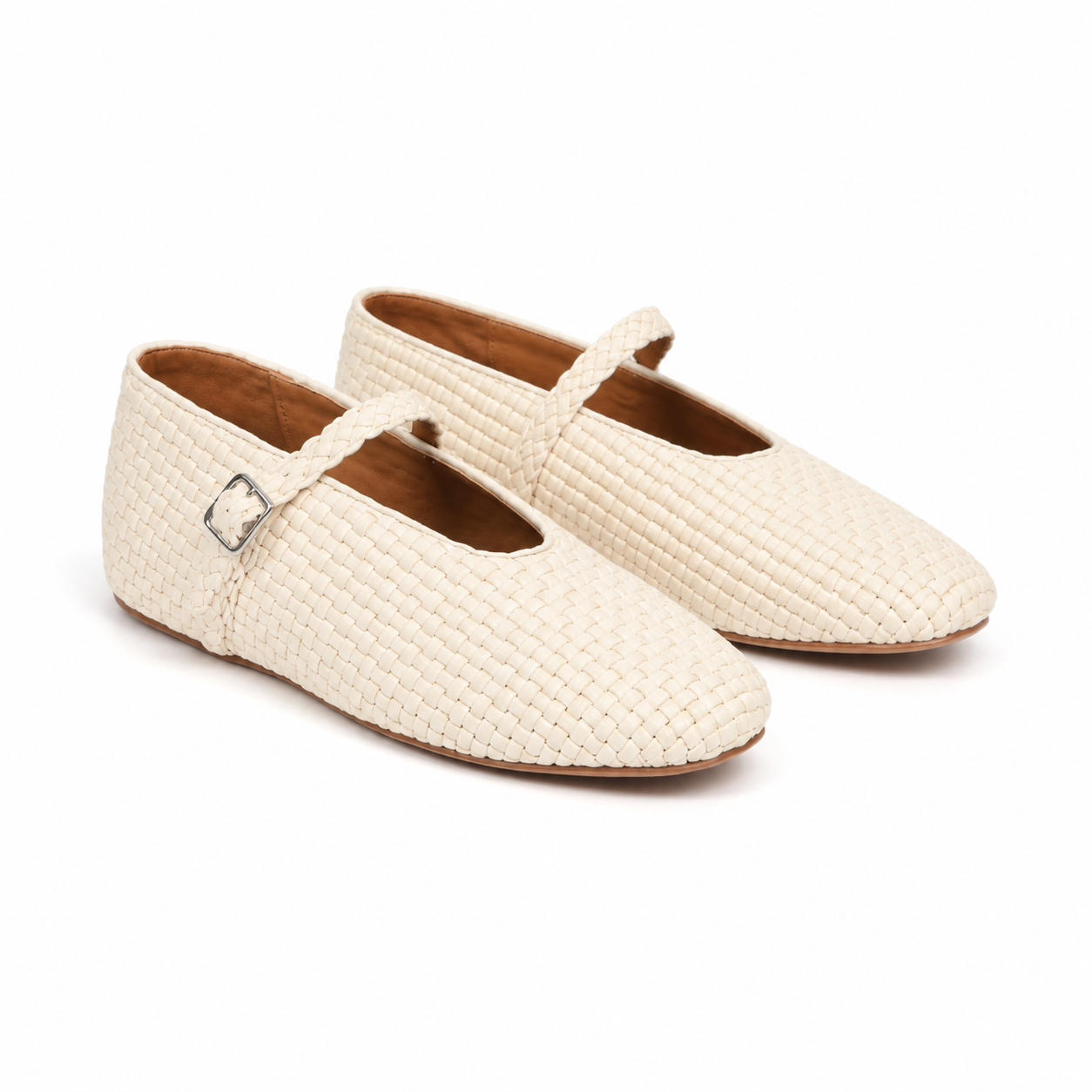 Beige Knit Women's Round-Toe Leather Buckle Flats