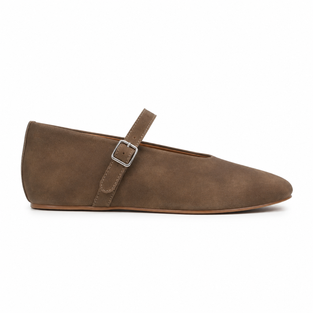 Rich Brown Women's Round-Toe Leather Buckle Flats side view