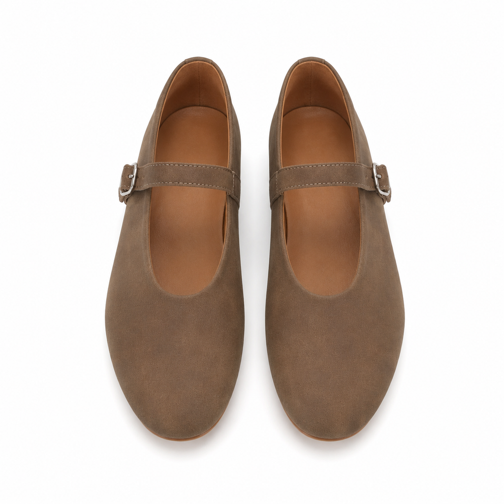Rich Brown Women's Round-Toe Leather Buckle Flats top view