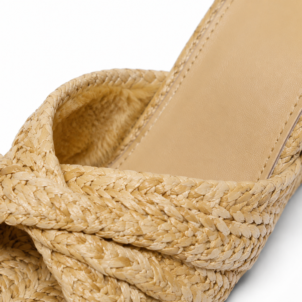 Apricot Straw Women's Open-Toe Wedge Straw Criss-Cross Platform Slippers close-up detail