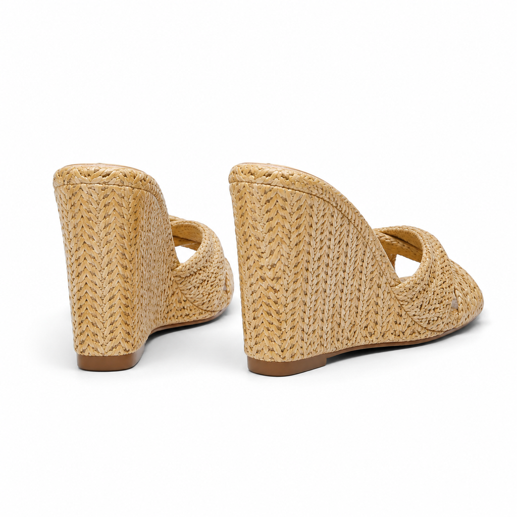Apricot Straw Women's Open-Toe Wedge Straw Criss-Cross Platform Slippers heel detail