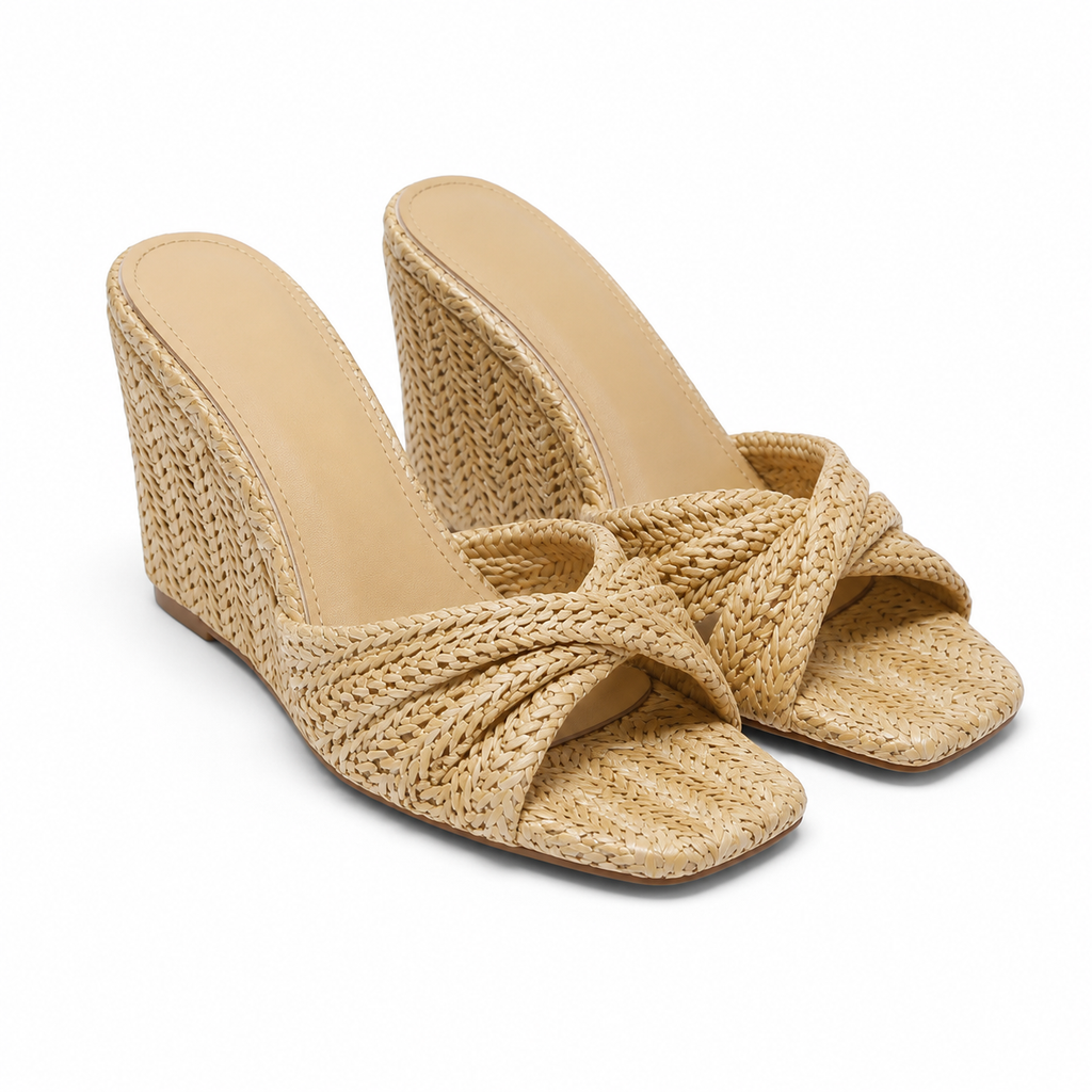 Apricot Straw Women's Open-Toe Wedge Straw Criss-Cross Platform Slippers