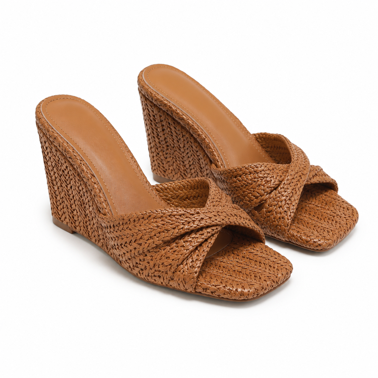 Brown Straw Women's Open-Toe Wedge Straw Criss-Cross Platform Slippers