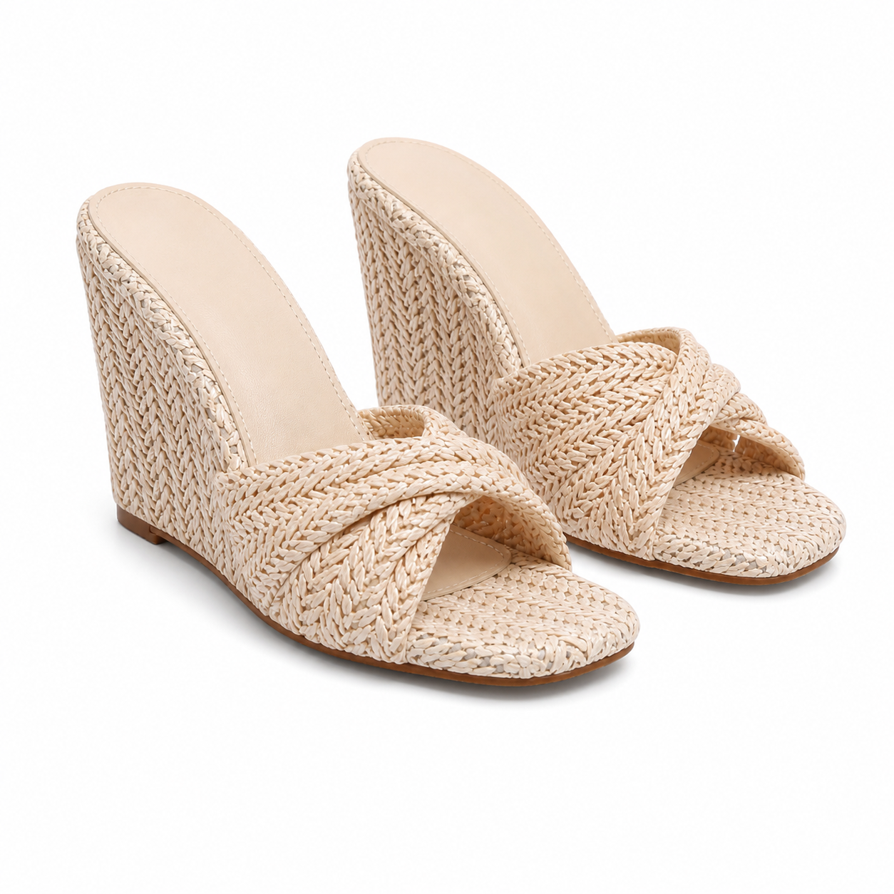 Beige Straw Women's Open-Toe Wedge Straw Criss-Cross Platform Slippers