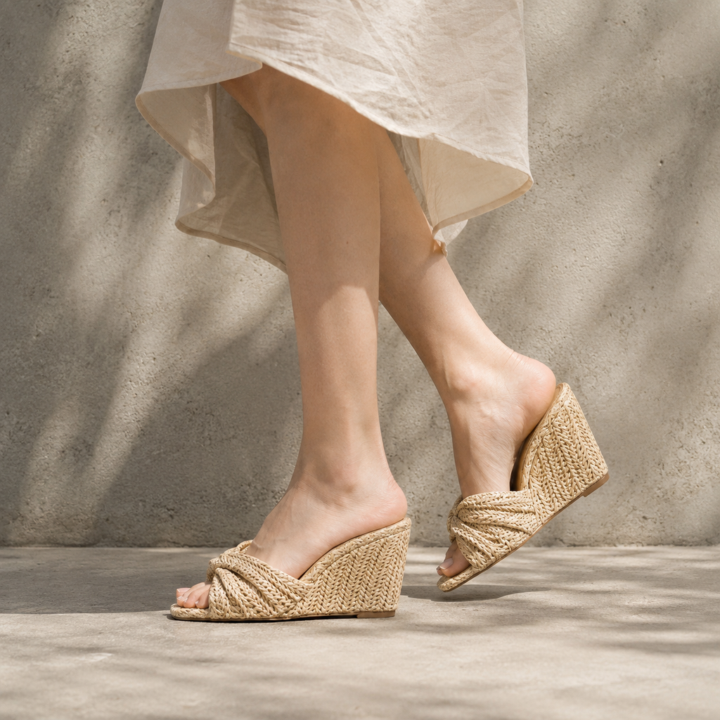 Apricot Straw Women's Open-Toe Wedge Straw Criss-Cross Platform Slippers on-foot view
