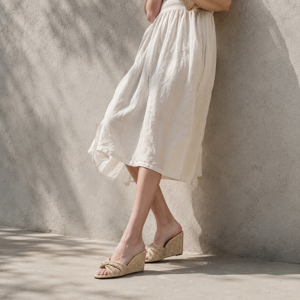 Apricot Straw Women's Open-Toe Wedge Straw Criss-Cross Platform Slippers lifestyle scene