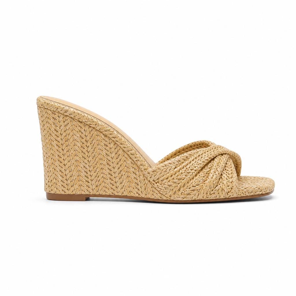 Apricot Straw Women's Open-Toe Wedge Straw Criss-Cross Platform Slippers side view