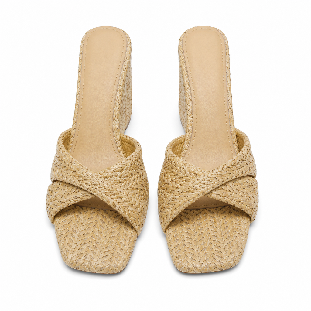Apricot Straw Women's Open-Toe Wedge Straw Criss-Cross Platform Slippers top view