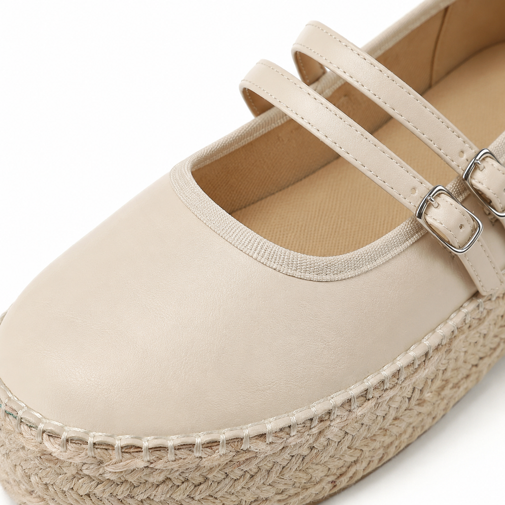Soft Apricot Women's Round-Toe Leather Double-Strap Espadrille Flats close-up detail