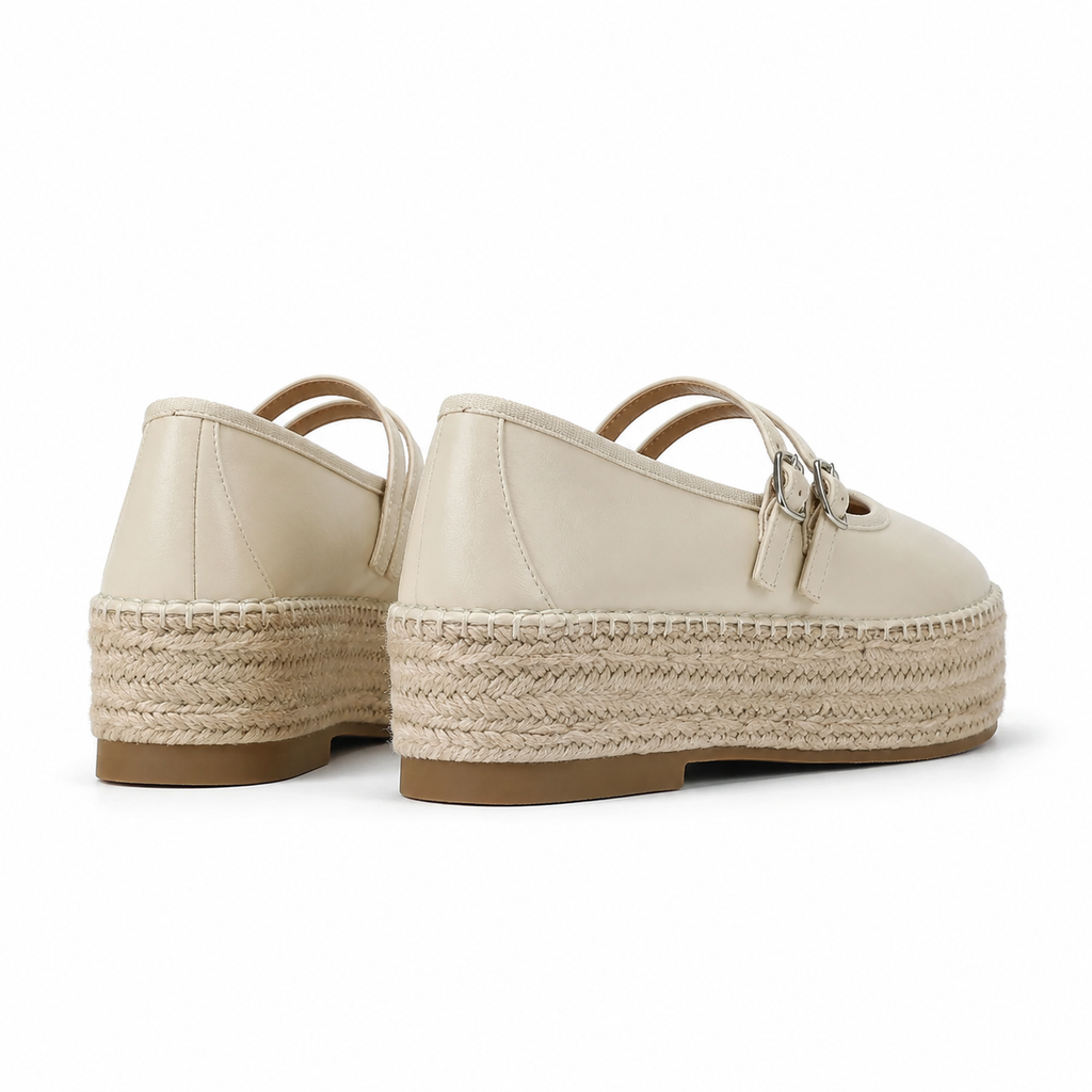 Soft Apricot Women's Round-Toe Leather Double-Strap Espadrille Flats heel detail