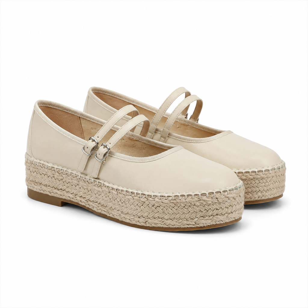Soft Apricot Women's Round-Toe Leather Double-Strap Espadrille Flats