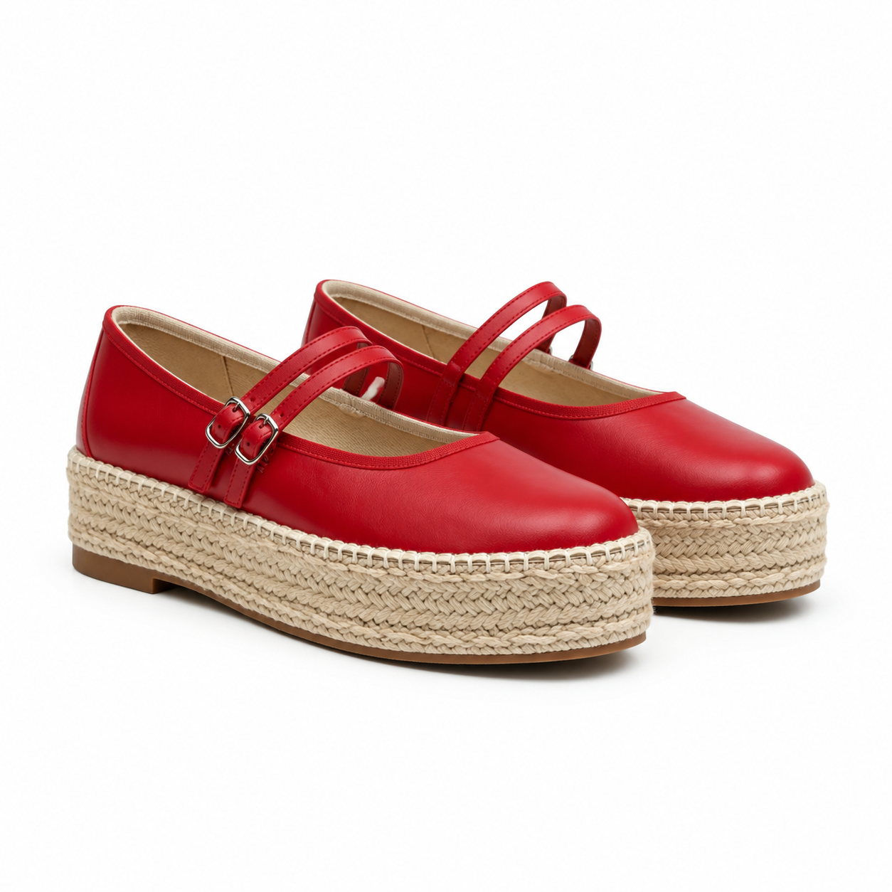 Deep Red Women's Round-Toe Leather Double-Strap Espadrille Flats