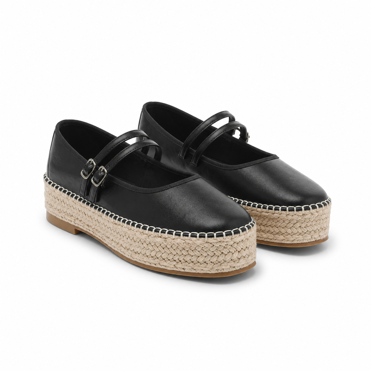 Deep Black Women's Round-Toe Leather Double-Strap Espadrille Flats