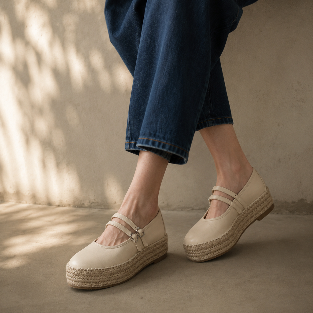 Soft Apricot Women's Round-Toe Leather Double-Strap Espadrille Flats on-foot view