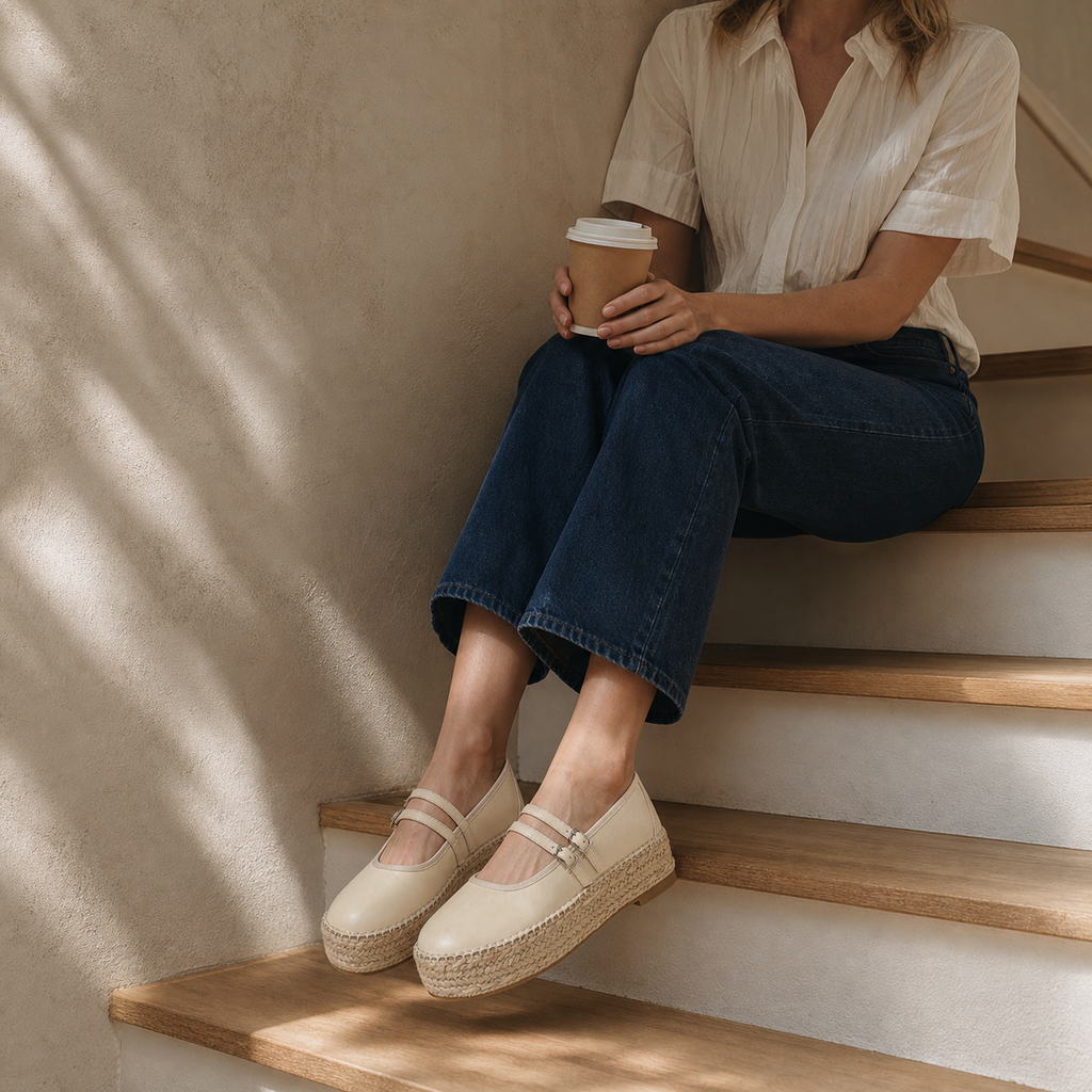 Soft Apricot Women's Round-Toe Leather Double-Strap Espadrille Flats lifestyle scene