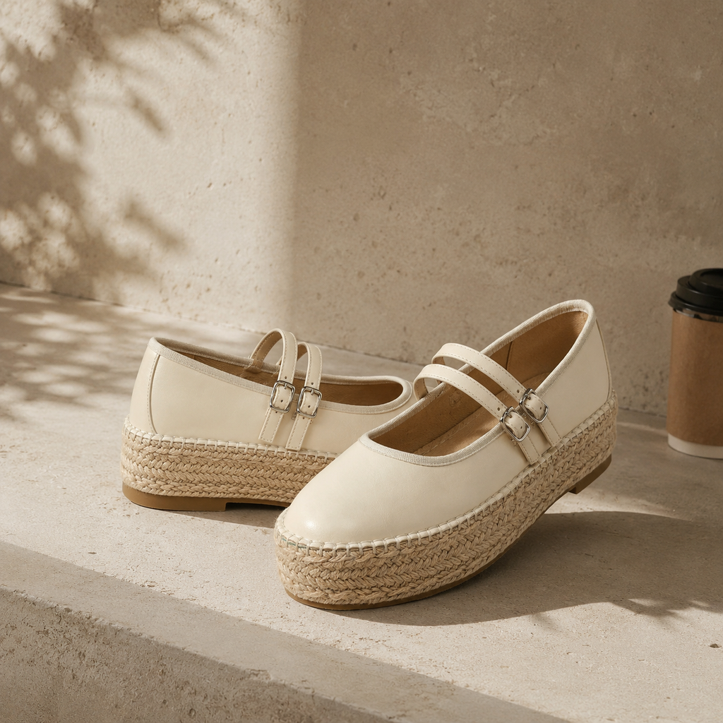 Soft Apricot Women's Round-Toe Leather Double-Strap Espadrille Flats styled scene