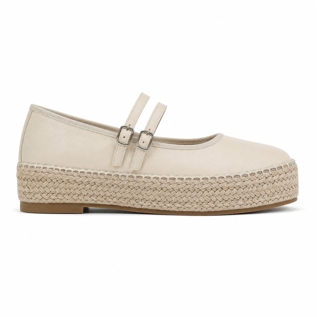 Soft Apricot Women's Round-Toe Leather Double-Strap Espadrille Flats side view