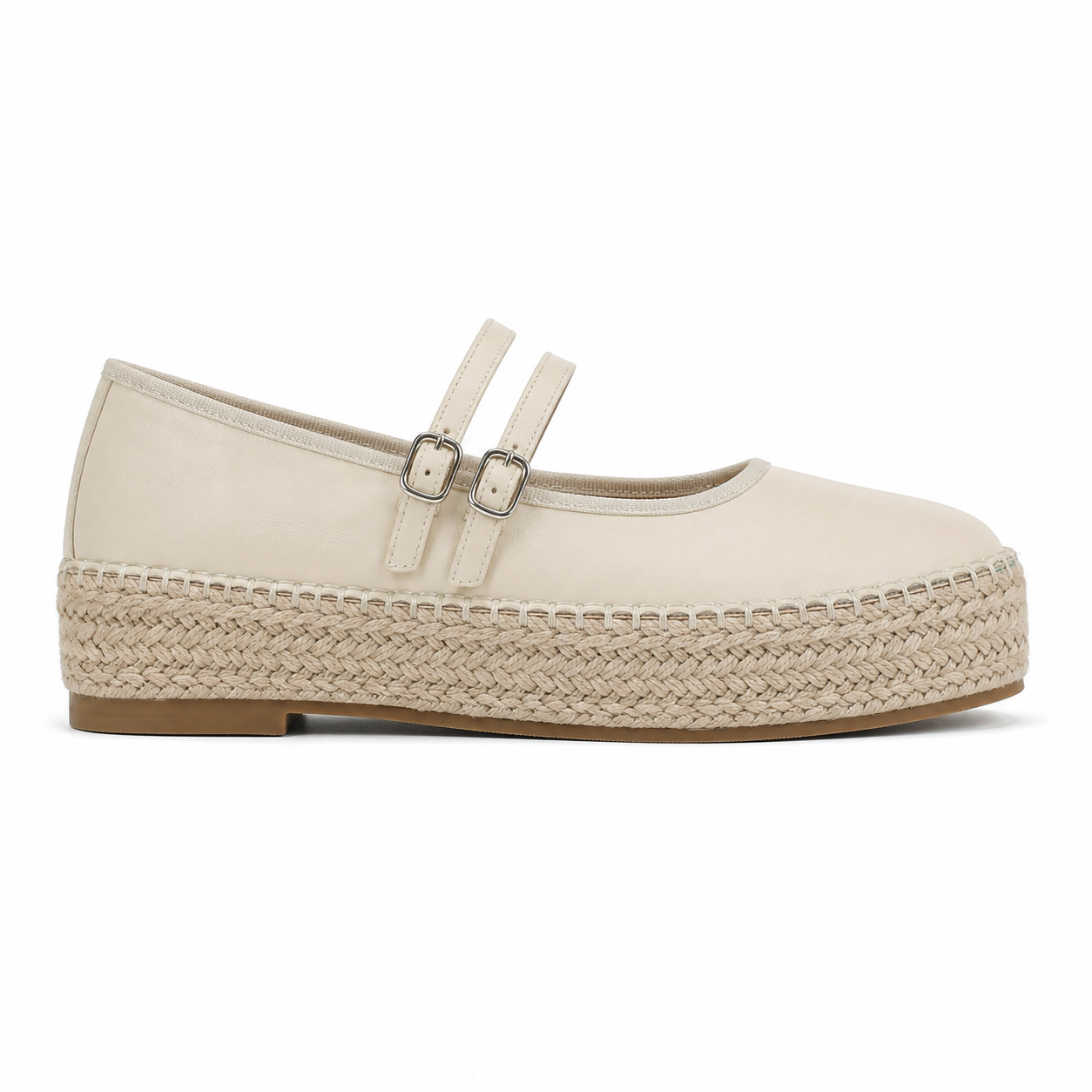 Soft Apricot Women's Round-Toe Leather Double-Strap Espadrille Flats side view