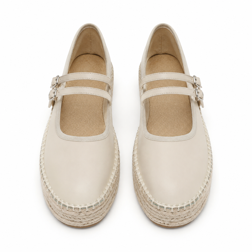 Soft Apricot Women's Round-Toe Leather Double-Strap Espadrille Flats top view