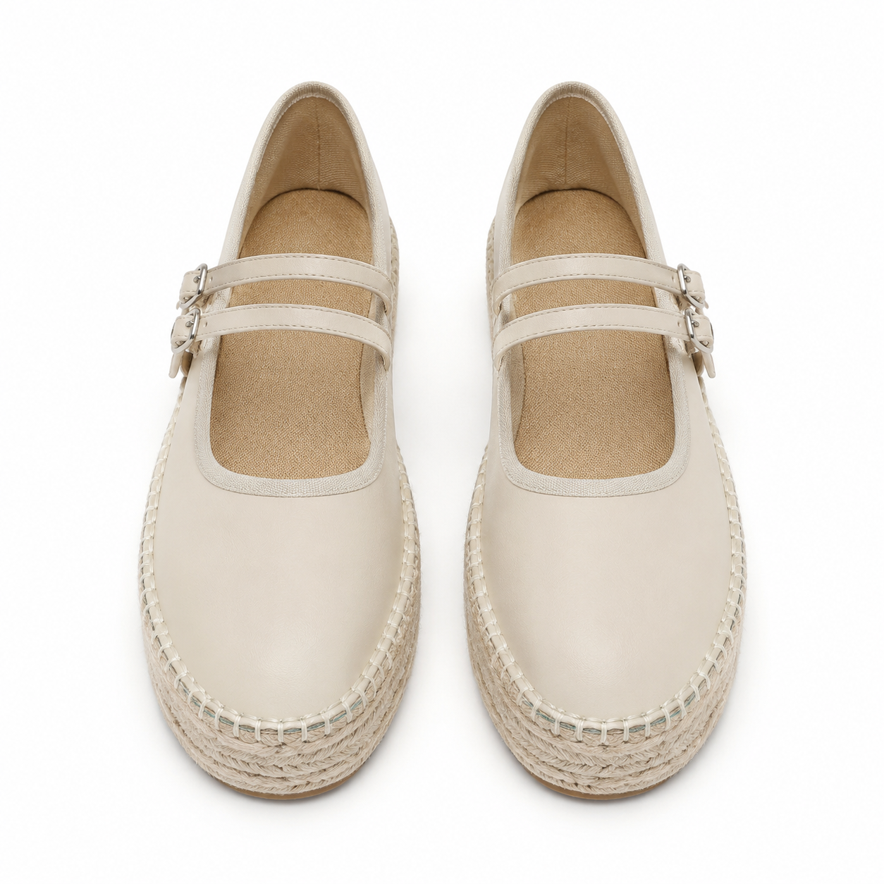 Soft Apricot Women's Round-Toe Leather Double-Strap Espadrille Flats top view