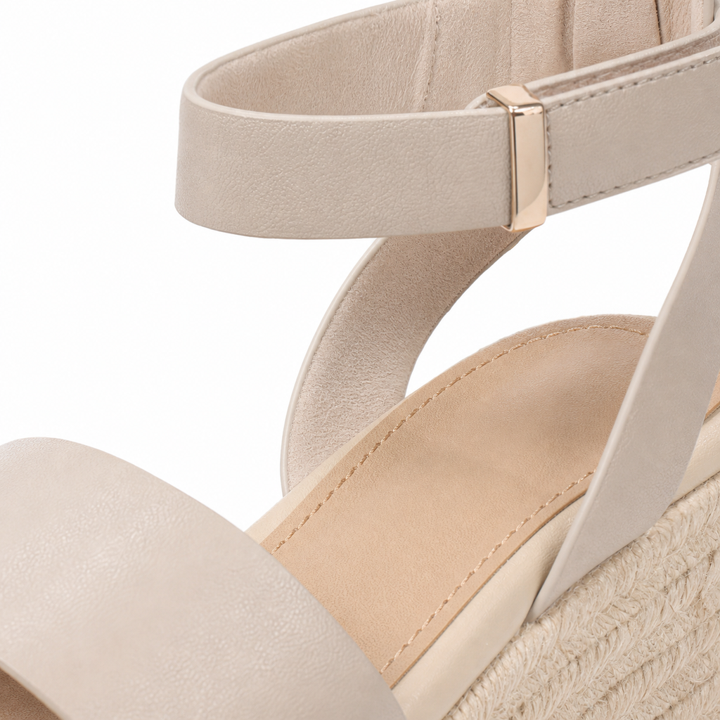 Soft Apricot Women's Open-Toe Wedge Cane Buckle Ankle-Strap Slippers close-up detail