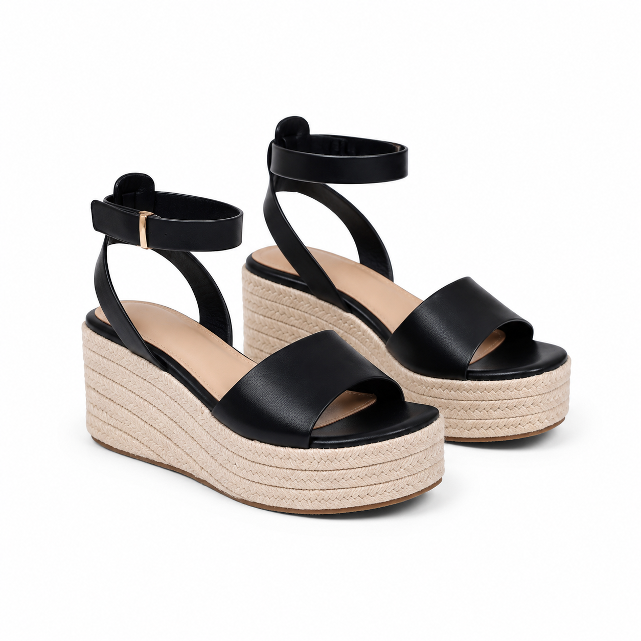 Deep Black Women's Open-Toe Wedge Cane Buckle Ankle-Strap Slippers
