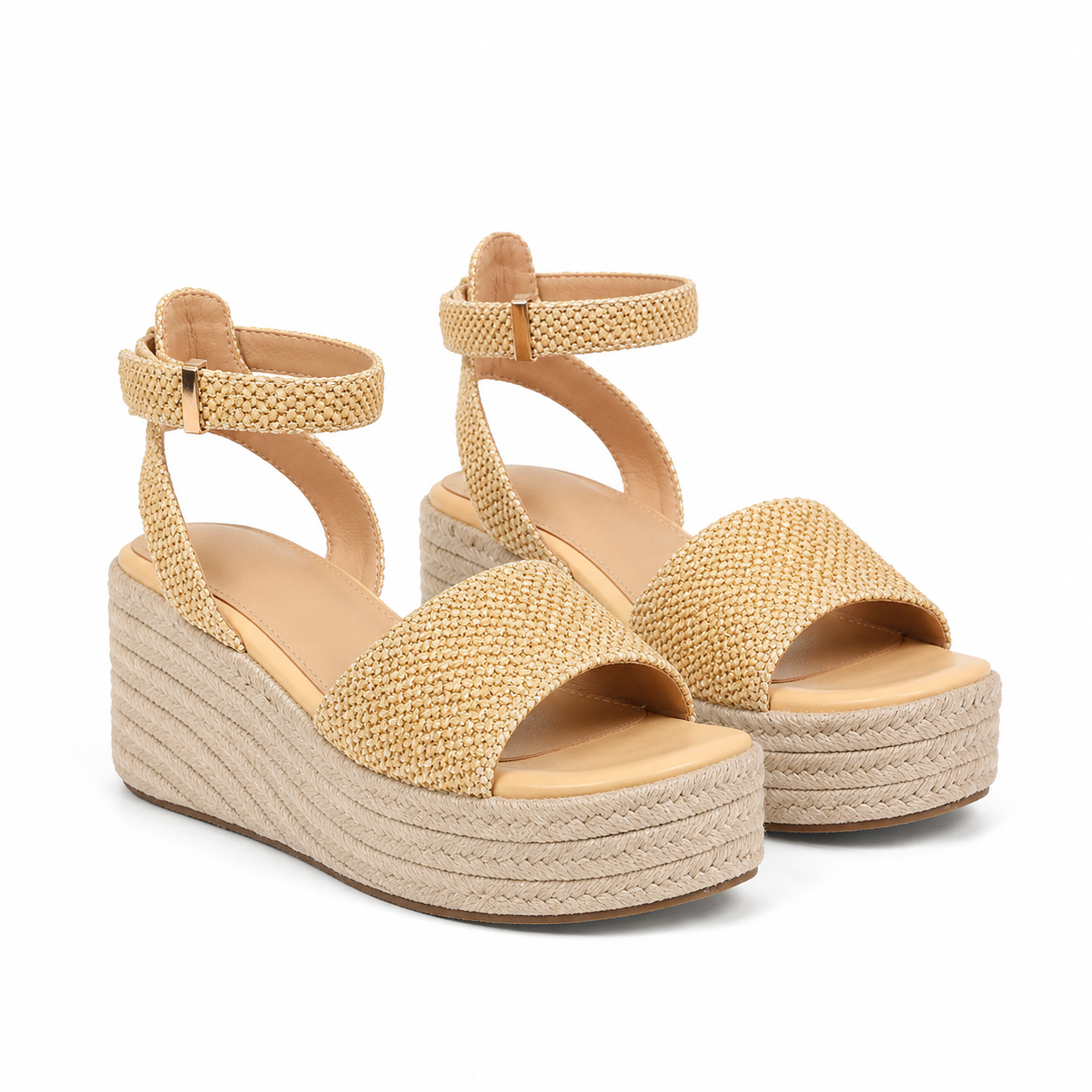 Natural Women's Open-Toe Wedge Cane Buckle Ankle-Strap Slippers