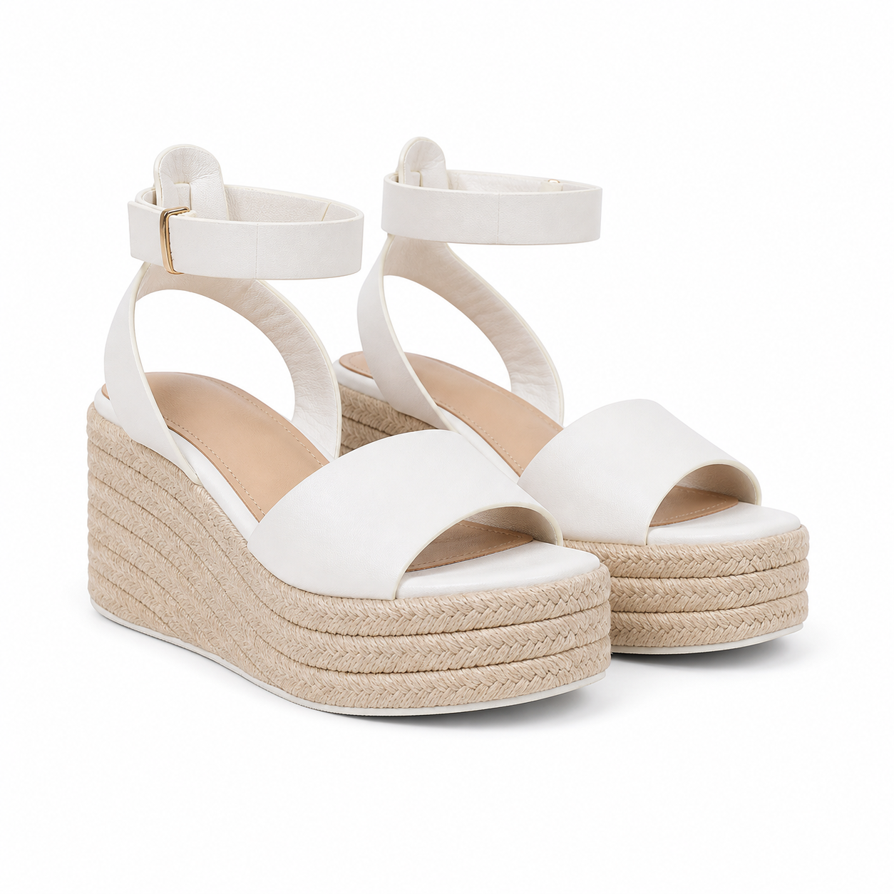 Cream Ivory Women's Open-Toe Wedge Cane Buckle Ankle-Strap Slippers