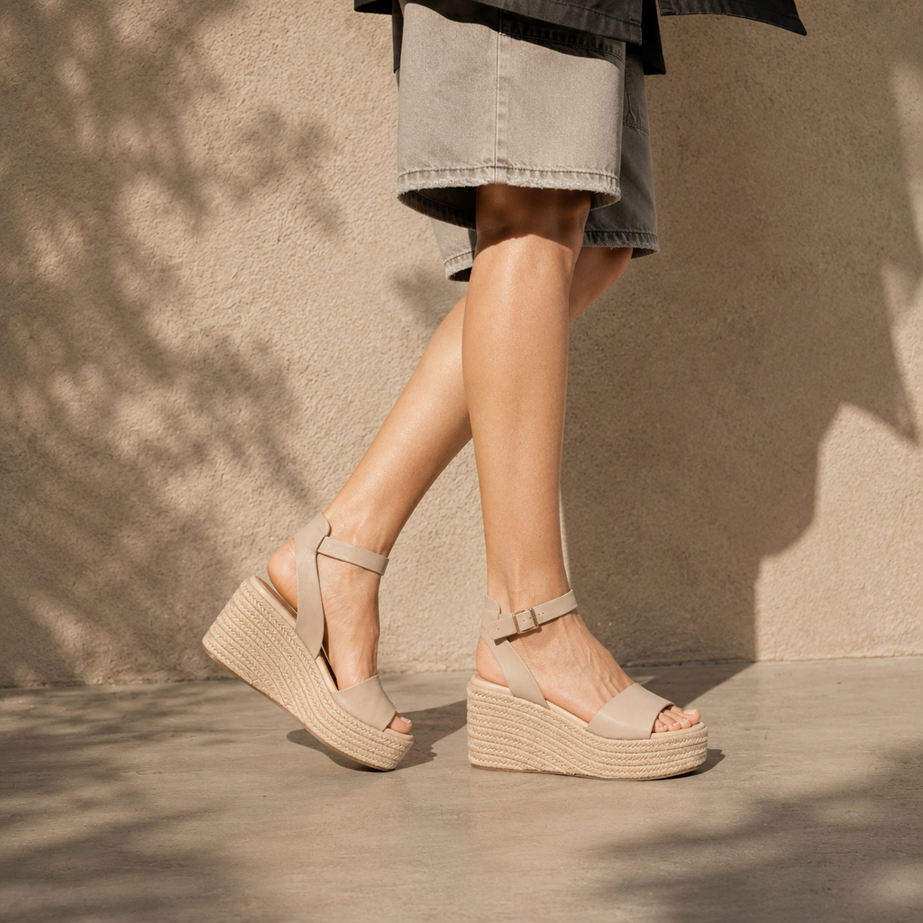 Soft Apricot Women's Open-Toe Wedge Cane Buckle Ankle-Strap Slippers on-foot view