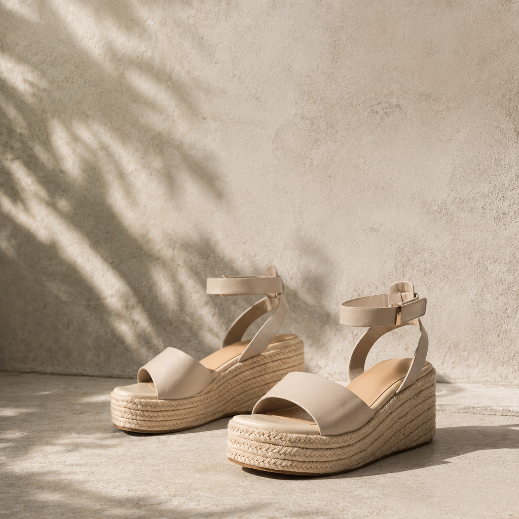 Soft Apricot Women's Open-Toe Wedge Cane Buckle Ankle-Strap Slippers styled scene