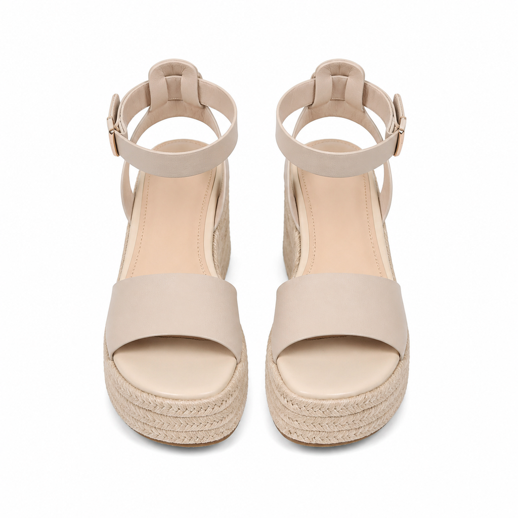 Soft Apricot Women's Open-Toe Wedge Cane Buckle Ankle-Strap Slippers top view