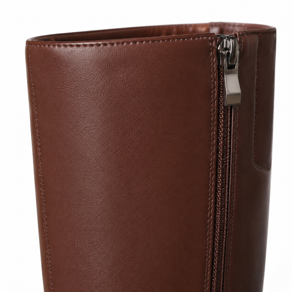 Rich Brown Women's Square-Toe Square-Heel Leather Zip Knee-High Boots close-up detail