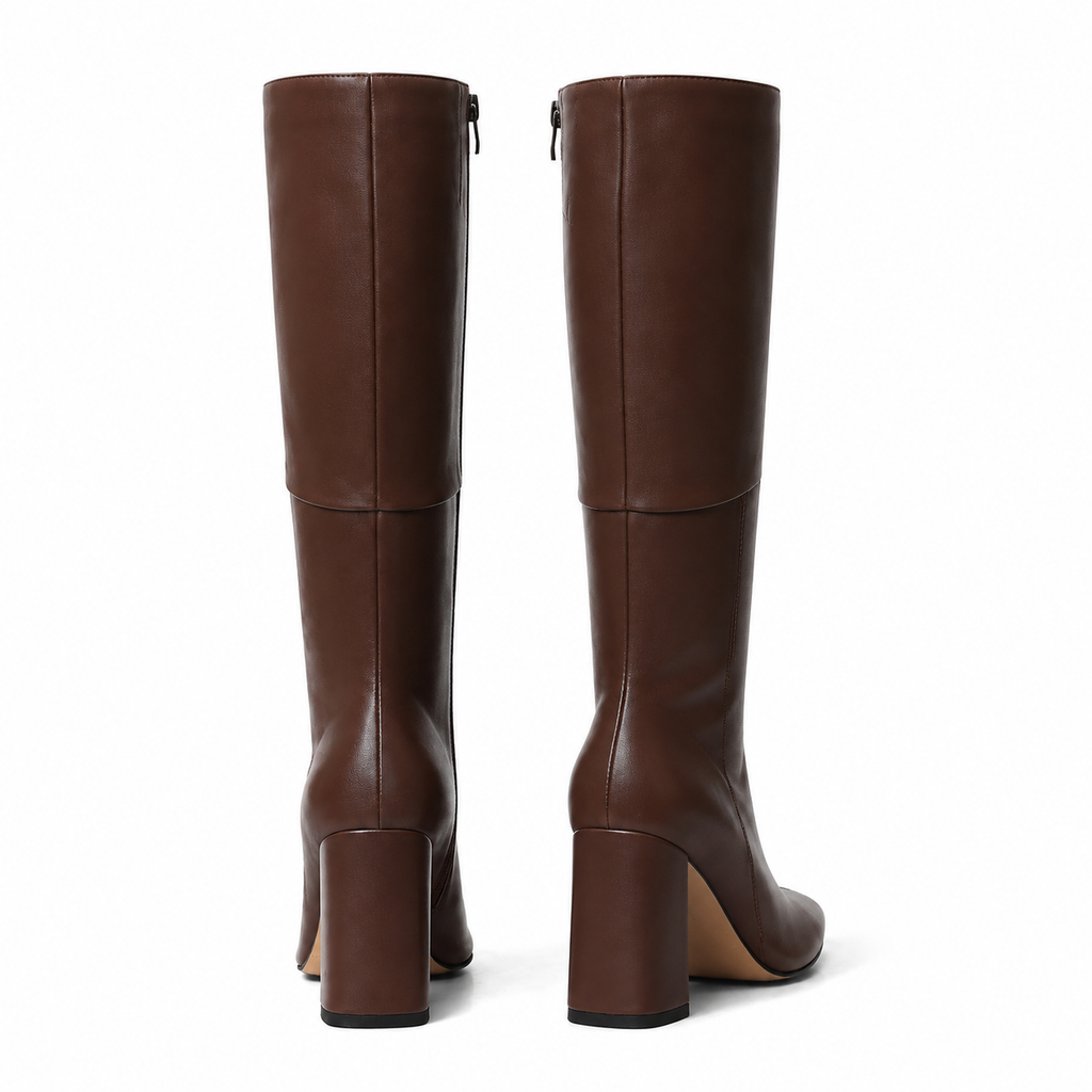 Rich Brown Women's Square-Toe Square-Heel Leather Zip Knee-High Boots heel detail