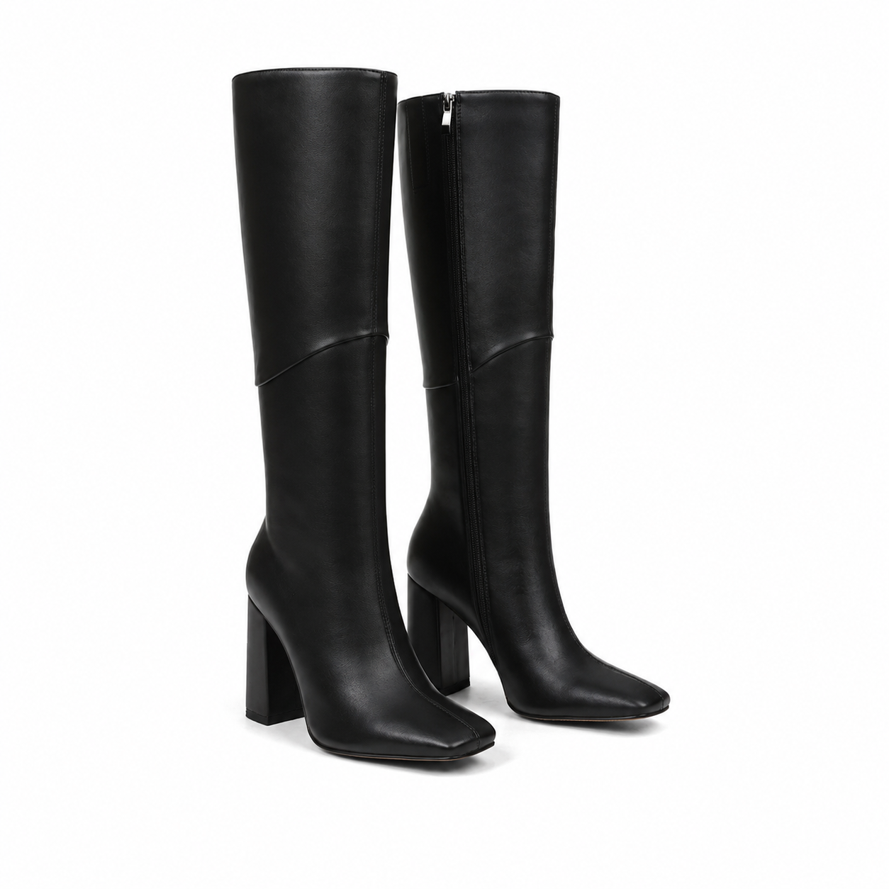 Deep Black Women's Square-Toe Square-Heel Leather Zip Knee-High Boots