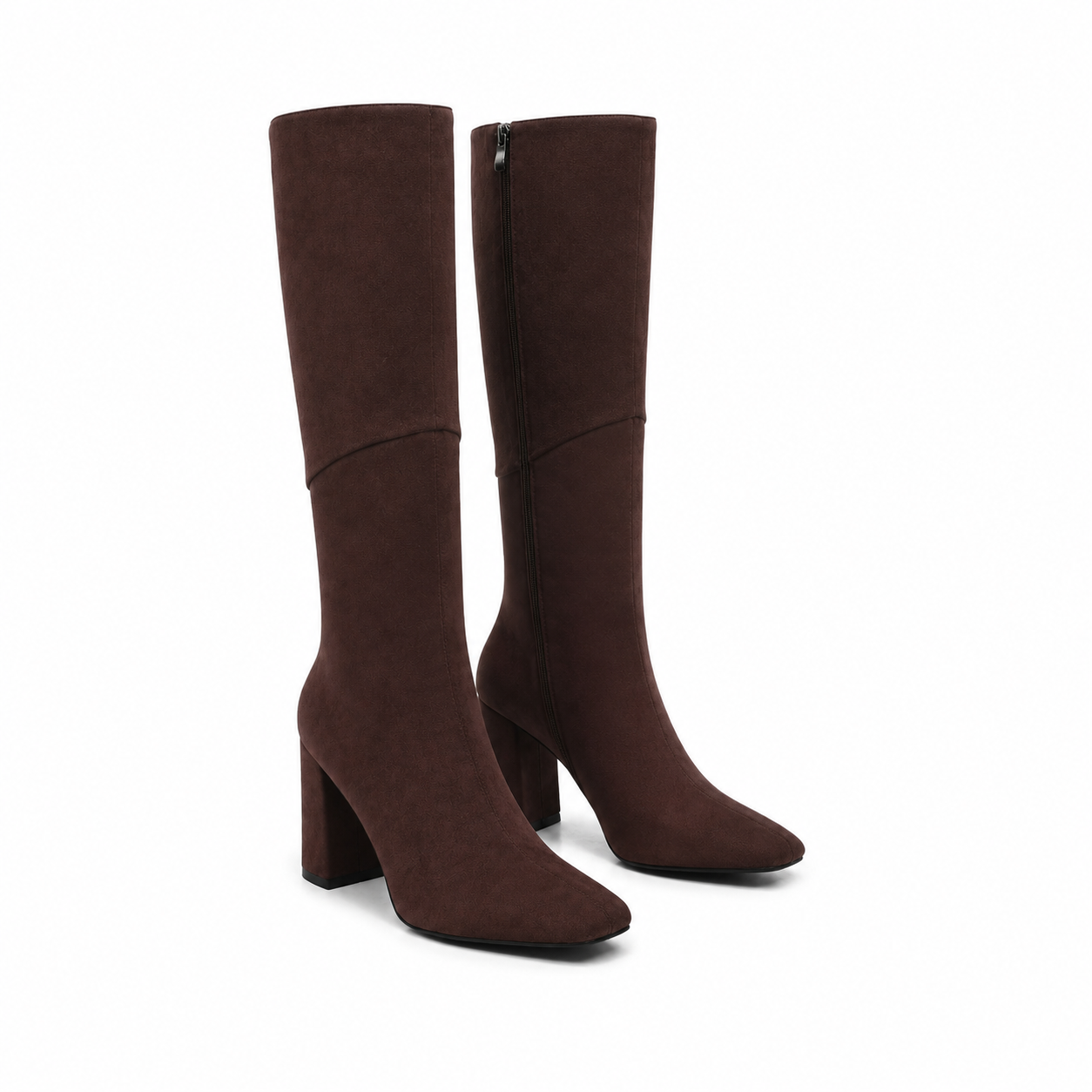 Rich Chocolate Women's Square-Toe Square-Heel Leather Zip Knee-High Boots