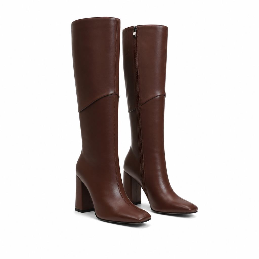 Rich Brown Women's Square-Toe Square-Heel Leather Zip Knee-High Boots