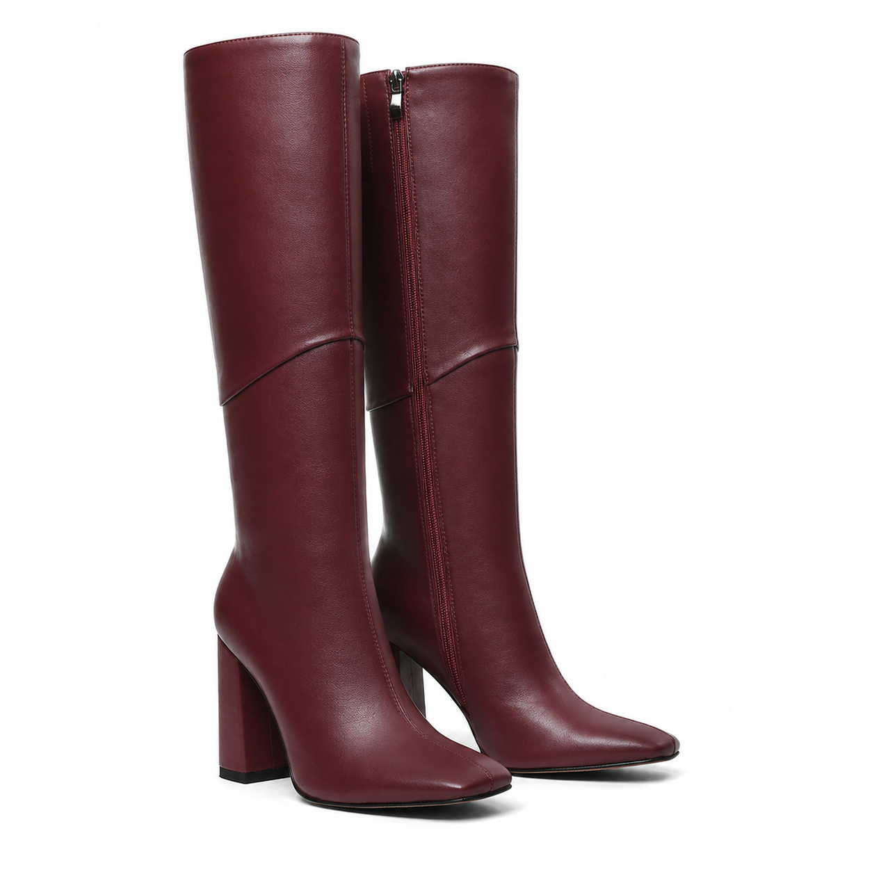 Deep Wine Women's Square-Toe Square-Heel Leather Zip Knee-High Boots