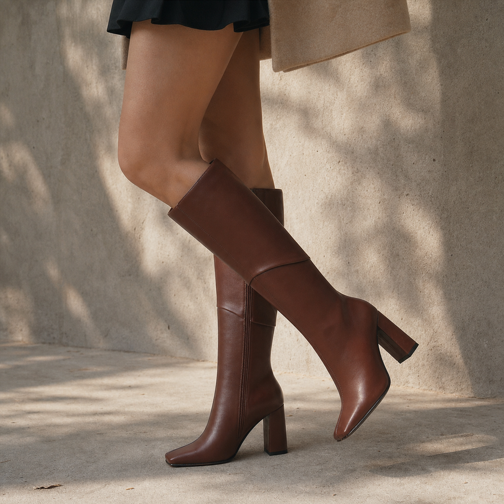 Rich Brown Women's Square-Toe Square-Heel Leather Zip Knee-High Boots on-foot view