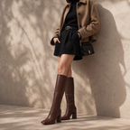 Rich Brown Women's Square-Toe Square-Heel Leather Zip Knee-High Boots lifestyle scene