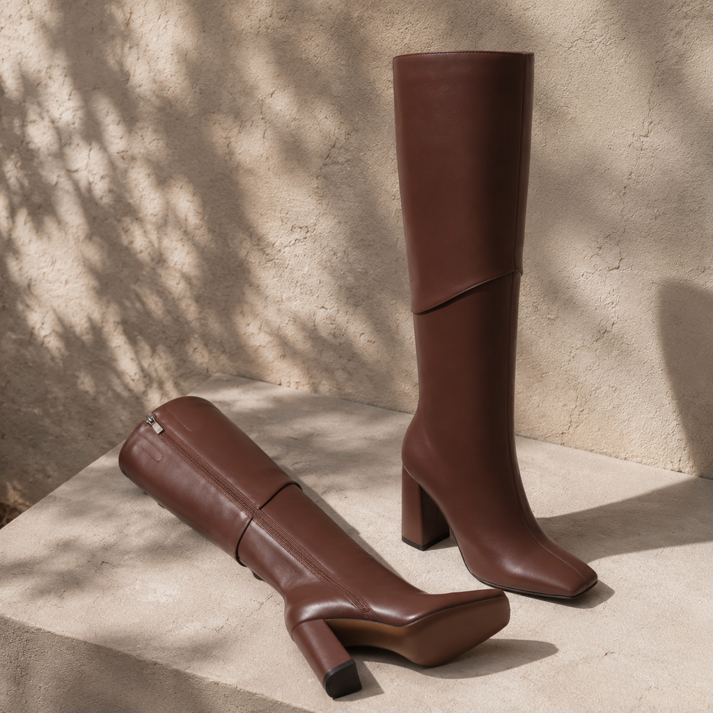 Rich Brown Women's Square-Toe Square-Heel Leather Zip Knee-High Boots styled scene
