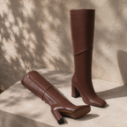 Rich Brown Women's Square-Toe Square-Heel Leather Zip Knee-High Boots styled scene