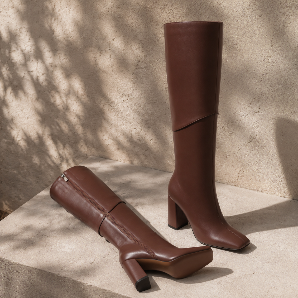 Rich Brown Women's Square-Toe Square-Heel Leather Zip Knee-High Boots styled scene