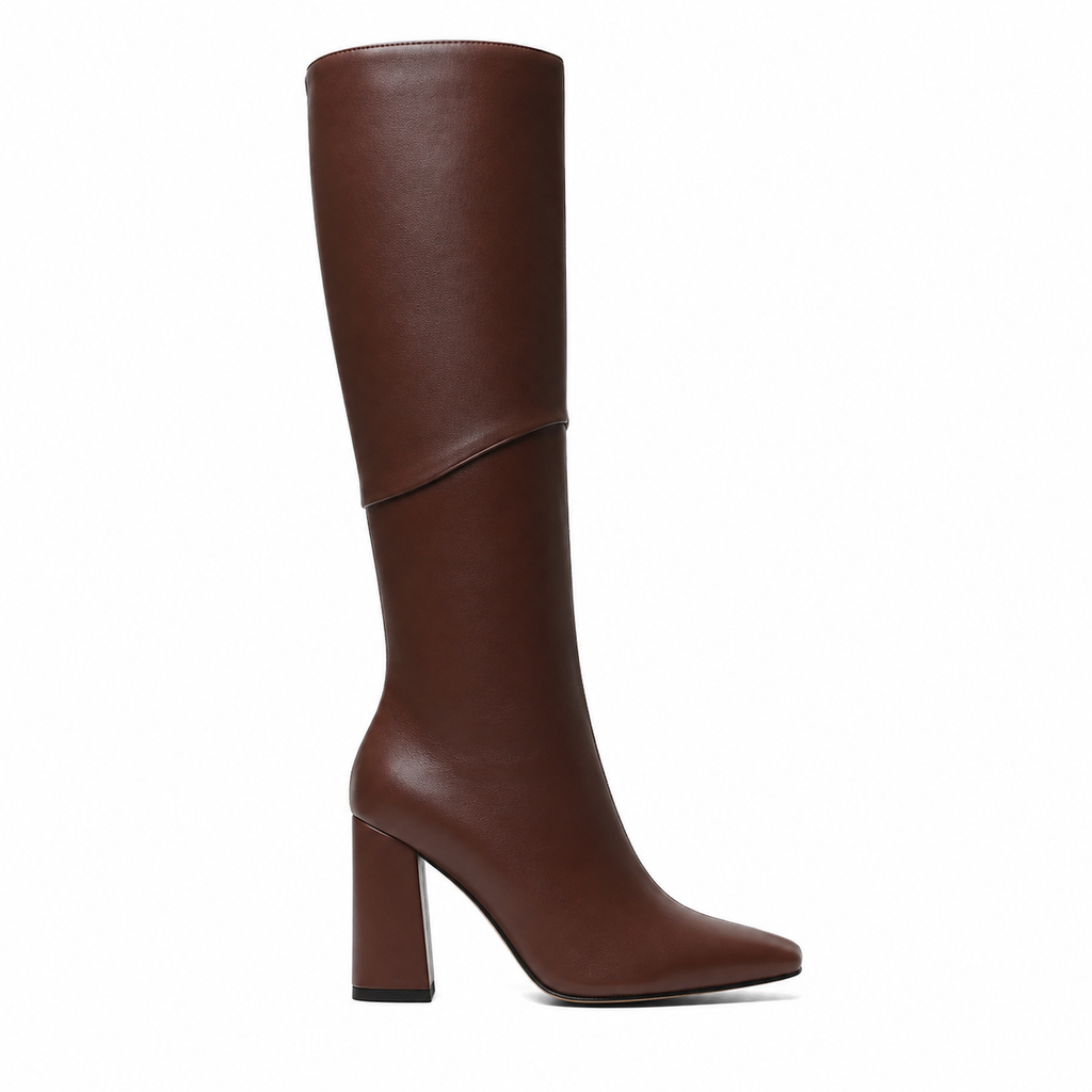 Rich Brown Women's Square-Toe Square-Heel Leather Zip Knee-High Boots side view
