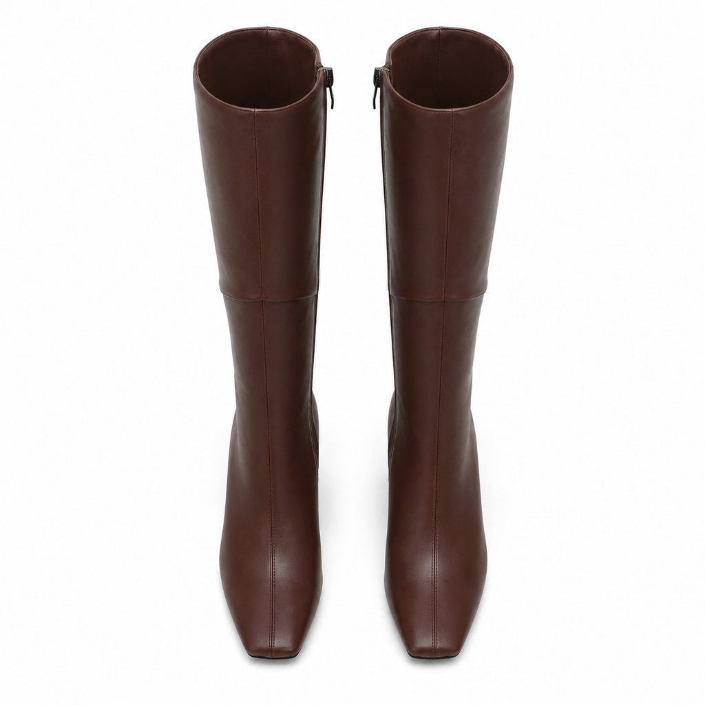 Rich Brown Women's Square-Toe Square-Heel Leather Zip Knee-High Boots top view