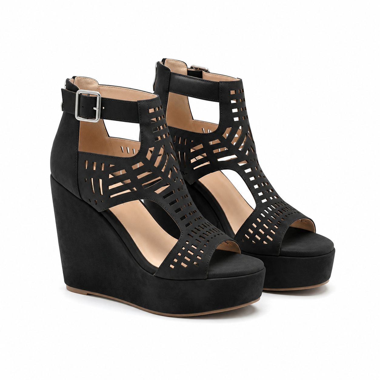 Deep Black Women's Open-Toe Wedge-Heel Faux Leather Platform Sandals